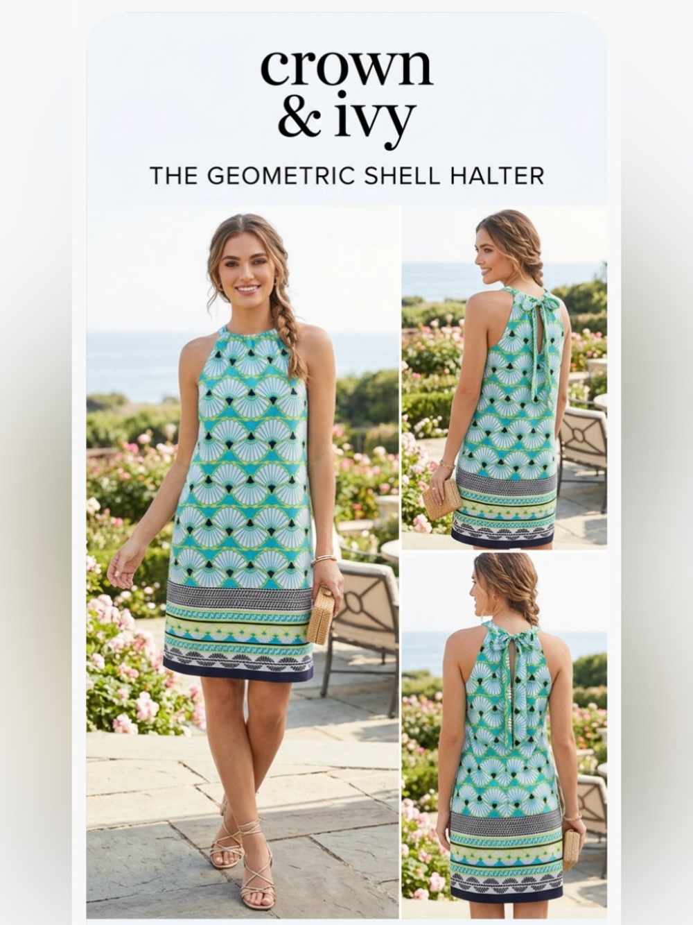 Like New ~ Crown & Ivy Green Geometric Shell Halter Dress ~ Size L (12-14)